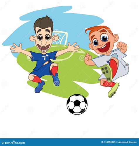 Cartoons Soccer Players Play The Ball At The Stadium Stock Vector