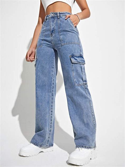 High Waisted Flap Pocket Cargo Jeans Shein Usa Clothes Fashion
