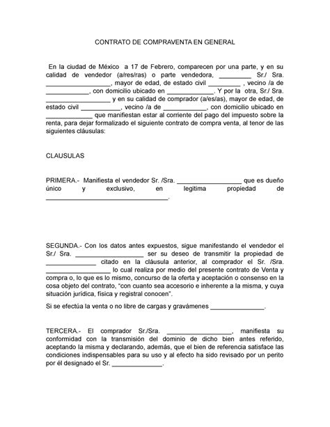 Formato Contrato De Compraventa En General Pdmrea