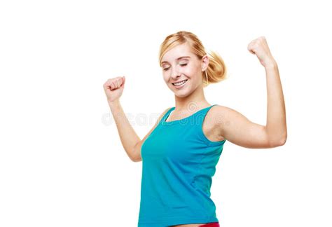 Fitness Woman Showing Fresh Energy Flexing Biceps Muscles Stock Photo