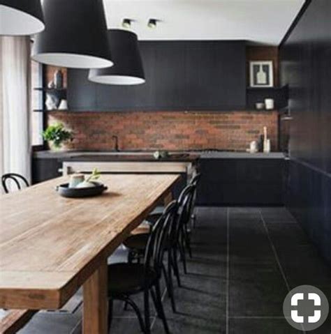 Rustic exposed brick work black kitchen in 2019 | Home kitchens, Black