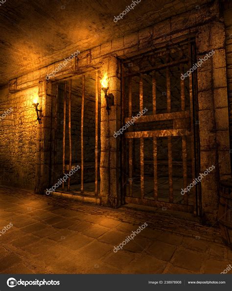 Medieval Fantasy Dungeon Hallway Lined Prison Cells Illuminated Torches