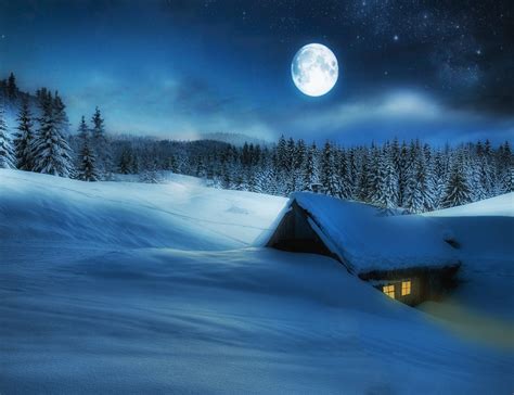 Download Star Forest Snow Night Moon Cabin Photography Winter Hd