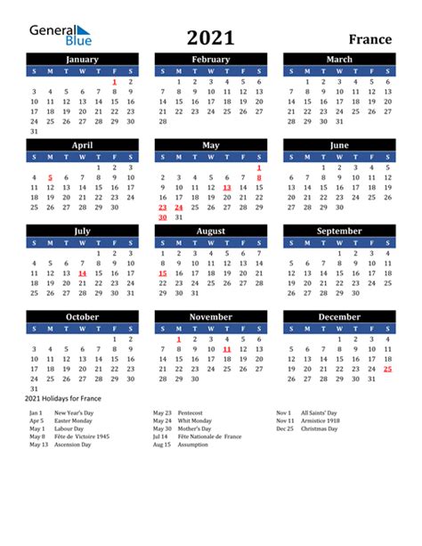 2021 France Calendar With Holidays