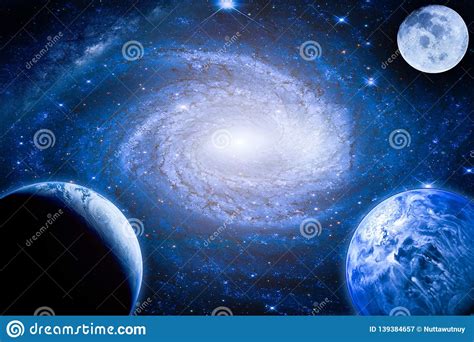 Landscape Galaxy Planet Earth Moon View From Space With Milky Way