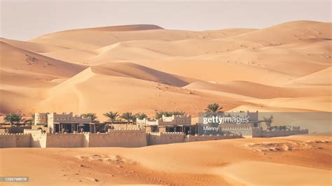 Rub Al Khali Desert Oasis Village Panorama Sand Dunes Abu Dhabi High