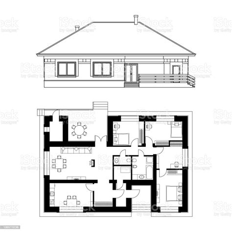 Ilustración De Fachada Arquitectónico Y Plano De Una Casa Ilustración