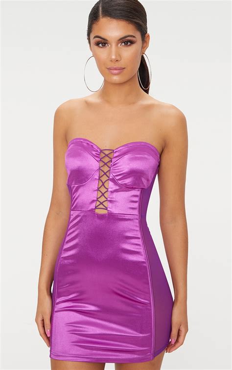 Purple Bandeau Lace Up Mesh Side Satin Bodycon Dress
