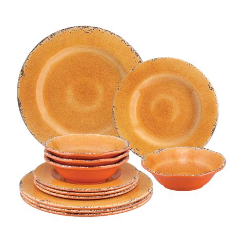 Gourmet Art Piece Crackle Melamine Dinnerware Set Orange Service