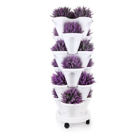 T4u Stackable Vertical Planter Set With Rolling Plant Caddy 6 Tier