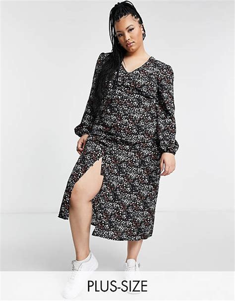 Missguided Plus Midi Dress With Button Front In Black Floral Asos
