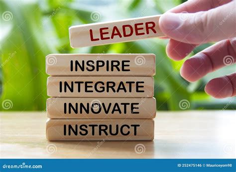 Hand Holding Wooden Blocks With Text Leader Inspire Integrate Innovate Instruct Stock