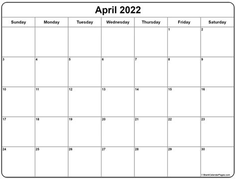 2022 Calendar Printable April Template Calendar Design