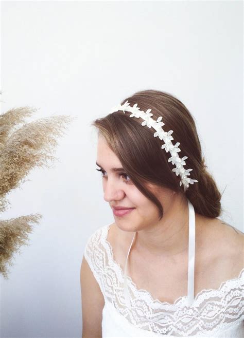 | gold leaves pearl wedding bridal headband hair vine hairpiece with ribbon belt. Leaves Bride Headband, Bridal Hair Jewelry, Lace Leaf ...