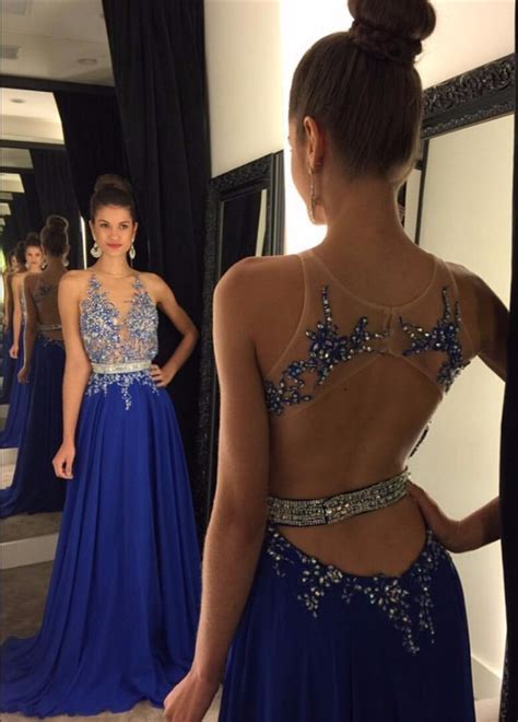 glamorous chiffon a line long evening dresses sexy backless royal blue lace appliques prom party