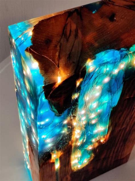 Blue Tinted Resin Reclaimed Antique Pine Wood Light Block Sculpture