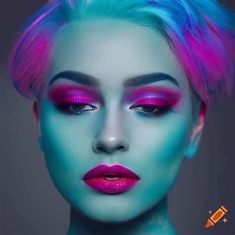 Portrait Of A Blue Haired Woman With Pink Makeup On Craiyon