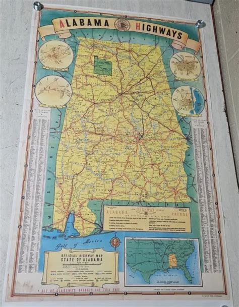 Vintage 1939 Official Highway Map Alabama State Map Wall Art Poster 36