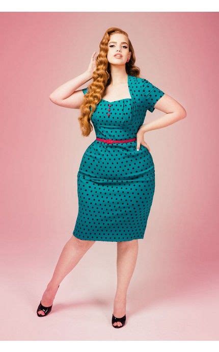 Pinup Couture Charlotte Dress In Jade With Black Polka Dots Plus