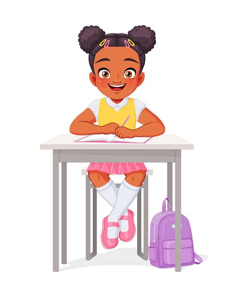 Happy African American Girl Sitting At The Desk Cartoon Vector