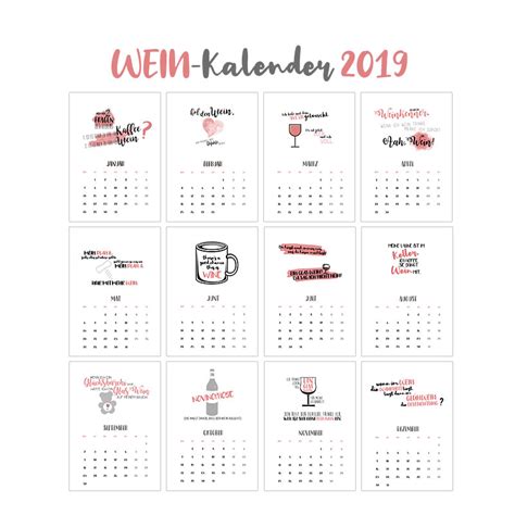 Im folgendem können sie unsere. Kalender 2019 zum Ausdrucken für Weinliebhaber - klitzekleinedinge