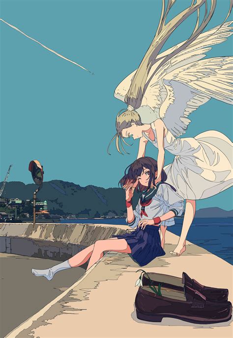 Wallpaper Cogecha Artwork Anime Girls Angel Wings Dress School