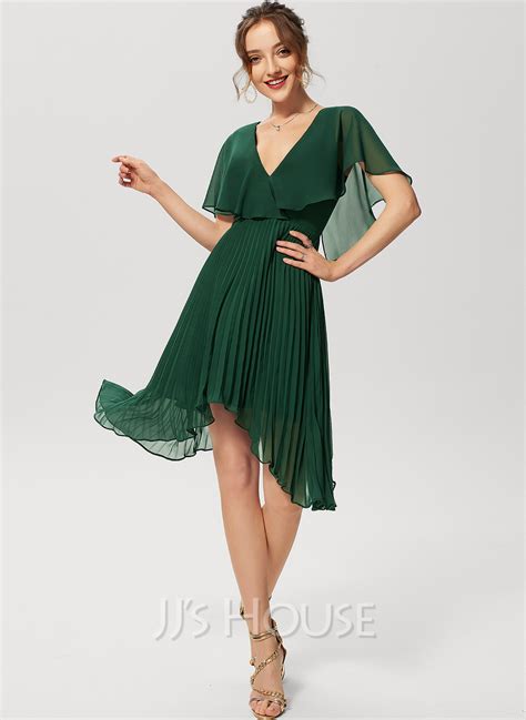 A Line V Neck Asymmetrical Chiffon Cocktail Dress With Pleated 016230175 Jj S House