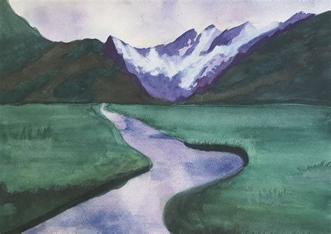 Landscape Painting Water Colour Done River Valley High Landscape