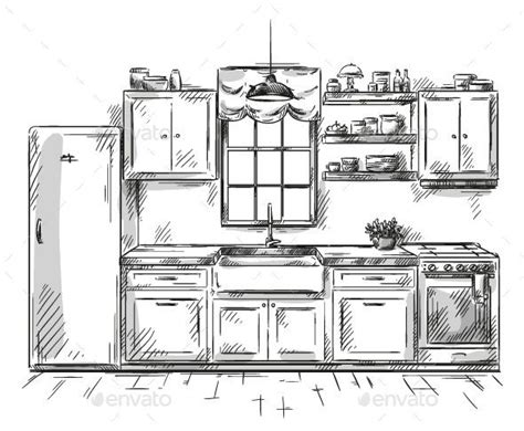 Kitchen Interior Drawing Freehand Vector Illustration EPS 10 Fully