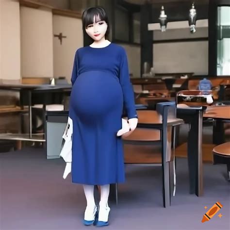Heavily Pregnant Japanese Girl In Navy Blue Sweater And Skirt On Craiyon