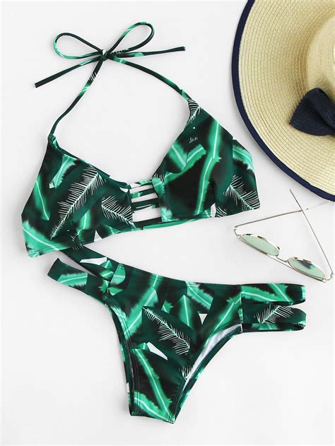 Tropical Print Ladder Cutout Halter Bikini Set Sheinsheinside