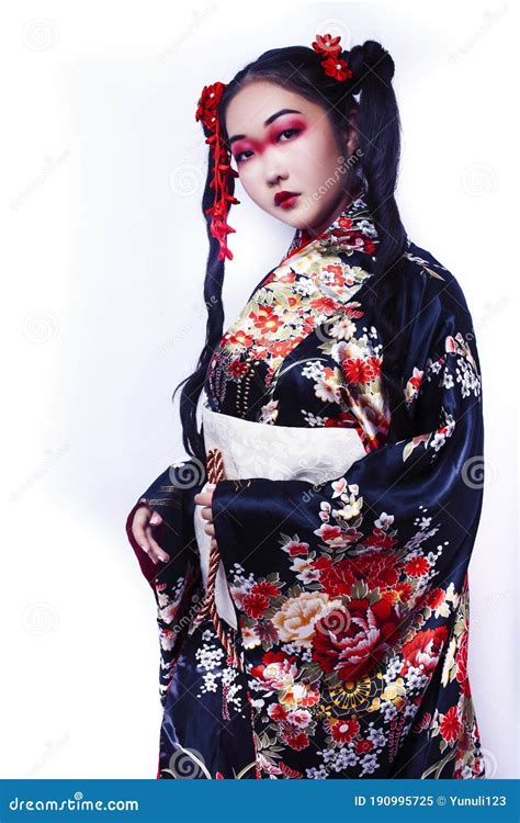 Young Pretty Geisha In Black Kimono With Sakura Asian Ethno Closeup On White Background