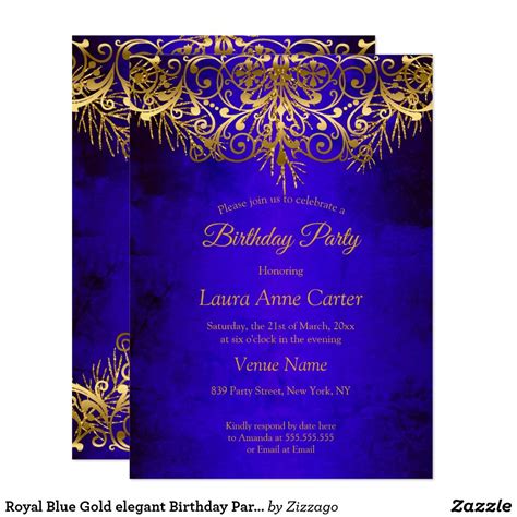 Royal Blue Gold Elegant Birthday Party Invitation Modern Birthday Party