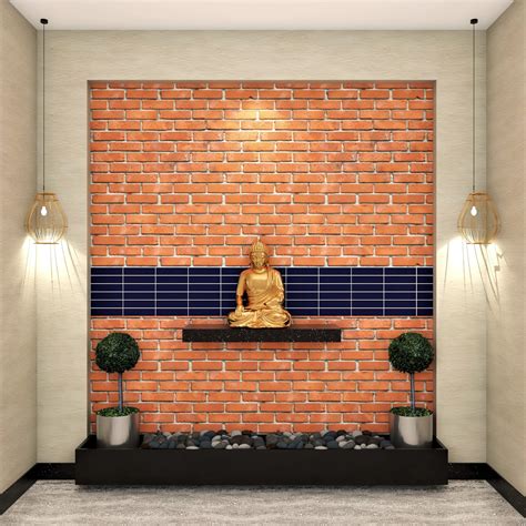 Brick Wall Modern Spacious Foyer Design With Buddha Statue Livspace