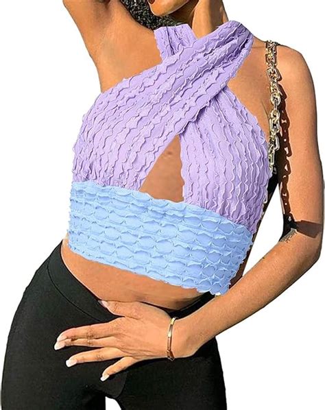 eghunooze women criss cross halter neck crop tops sexy v neck sleeveless bandage cut out top
