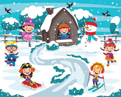 Funny Kids Playing At Winter Stock Vector Illustration Of Seasons