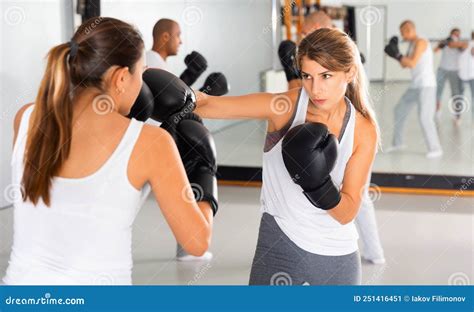 Two Women Boxing Sparring In The Gym Stock Image Image Of Fighter