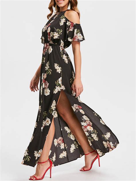[28 Off] Floral Print Cold Shoulder Maxi Dress Rosegal