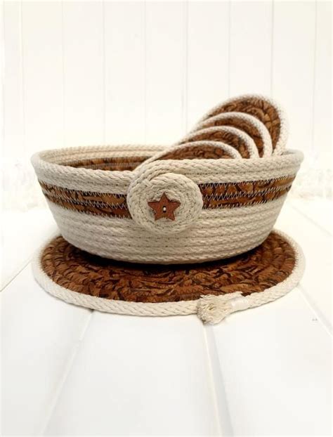 Coiled Rope Basket Medium Sized Bowl With Star Button Great Etsy
