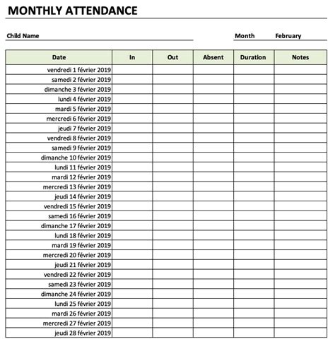 daycare attendance sheet exceltemplatenet