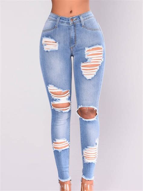 [17 Off] 2021 Womens Distressed Ripped Stretch Denim Skinny Denim Jeans In Light Blue Dresslily