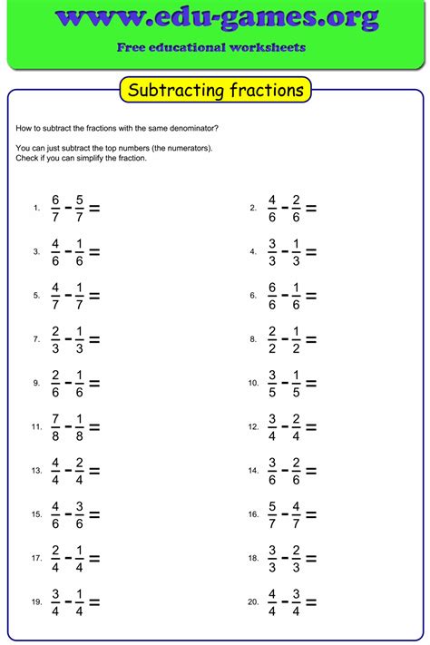 Subtracting Fractions From Whole Numbers Worksheets