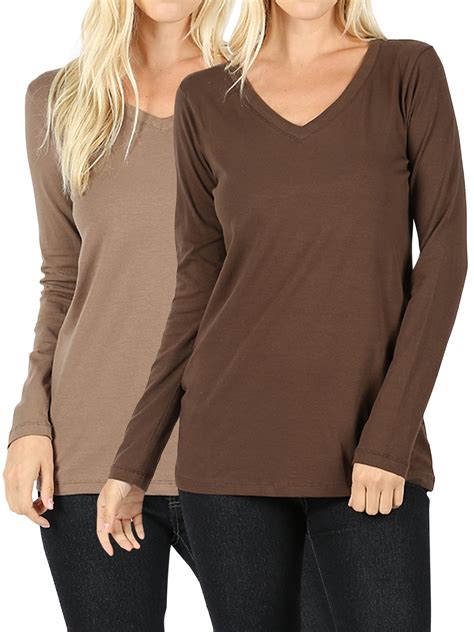 Women Casual Basic Cotton Loose Fit V Neck Long Sleeve T Shirt Top