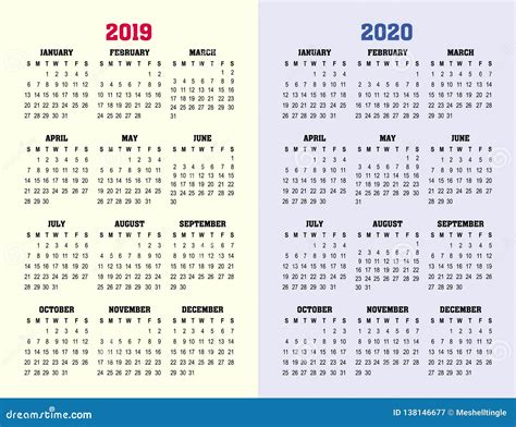 Side By Side 2019 And 2020 Calendars Stock Vector Illustration Of