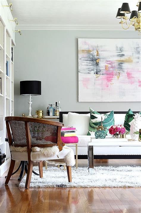 Modern Eclectic And Feminine Living Room With Pops Of Pink And Green