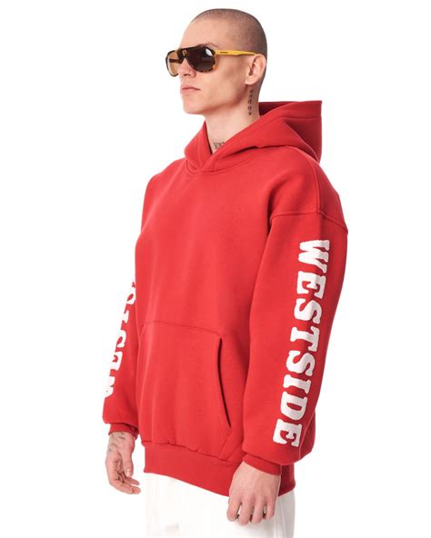 Mens Oversized Embroidery Pattern Red Hoodie