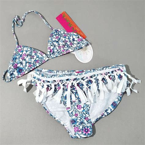 Kate Mack Girls Blue Pink Floral Fringe Beaded Bikini Two Piece Set