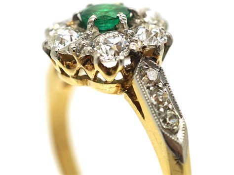 Edwardian 18ct Gold Emerald Diamond Cluster Ring With Diamond Set