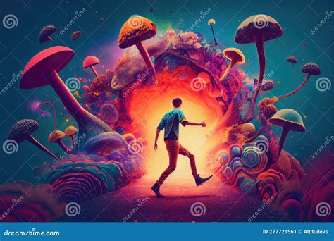 Person Tripping On Magic Mushrooms Surrounded By Surreal And