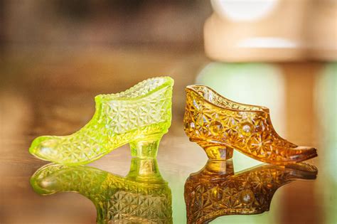 Vaseline And Amber Glass Slippers Beautiful Mismatched Pair Etsy